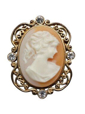Faux Cameo Brooch Pendant Vintage Gold Tone Frame Ponytail Rhinestone Accents